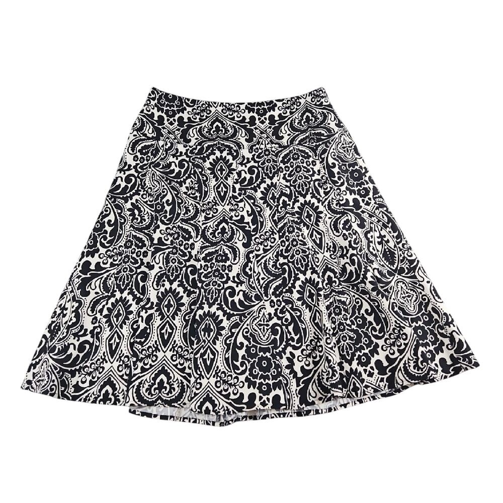 Ann Taylor A-Line Skirt Women 6 Black White Silk Baroque Paisley Lined Classic